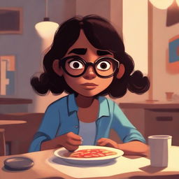 A Pixar-style illustration of a dusky-skinned girl with eyeglasses, eating alone in a quiet setting.