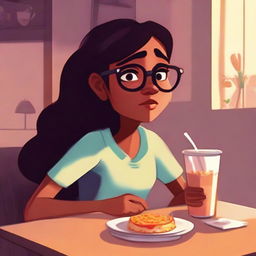 A Pixar-style illustration of a dusky-skinned girl with eyeglasses, eating alone in a quiet setting.