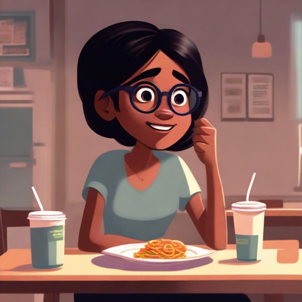 A Pixar-style illustration of a dusky-skinned girl with eyeglasses, eating alone in a quiet setting.