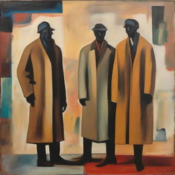 An abstract painting depicting men in three different eras: the past, present, and future