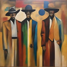 An abstract painting depicting men in three different eras: the past, present, and future