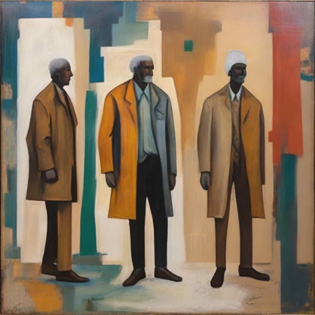 An abstract painting depicting men in three different eras: the past, present, and future