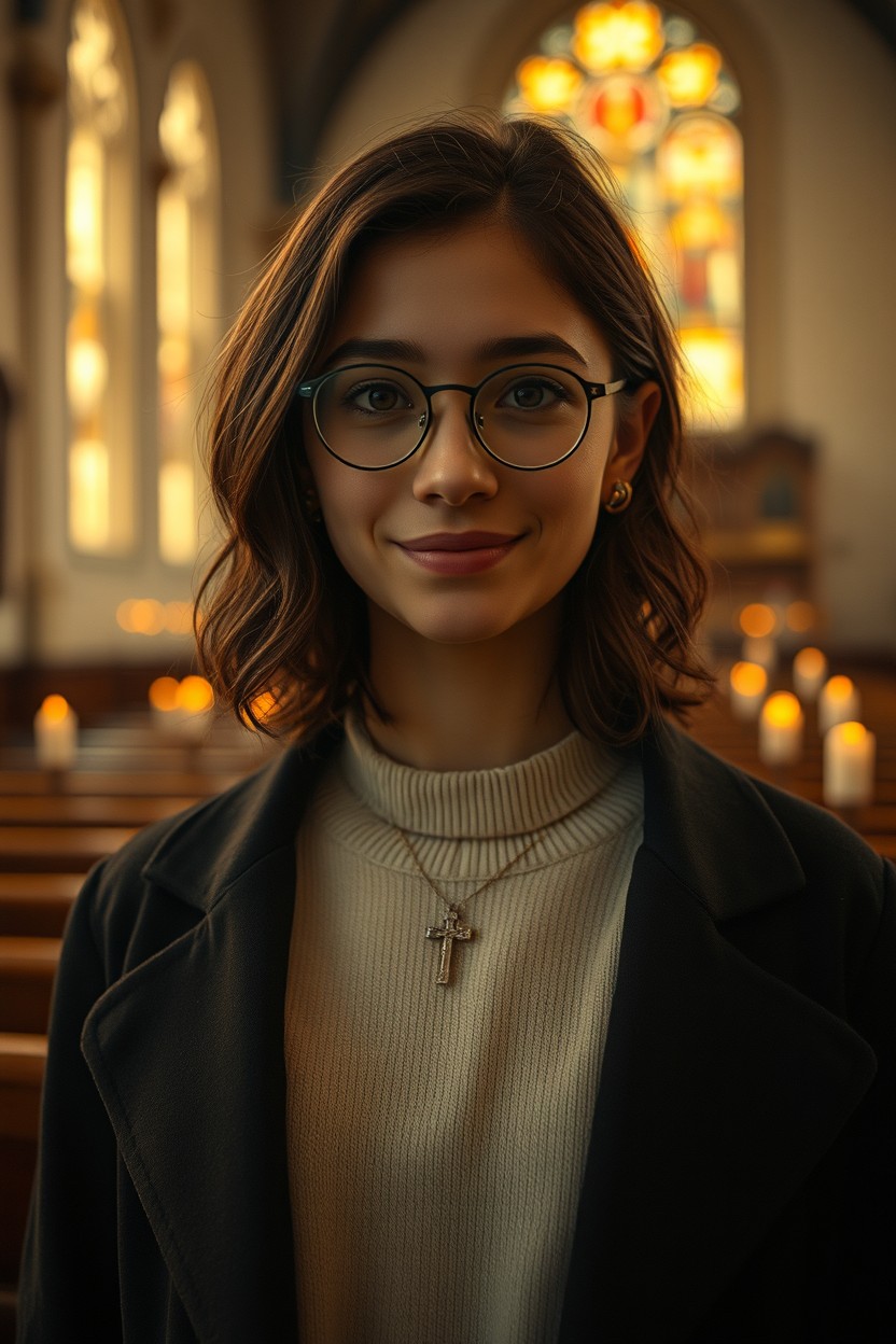 Cinematic portrait of an 18-year-old Brazilian girl named Noemi Benevides, inside a softly lit Catholic church during the evening