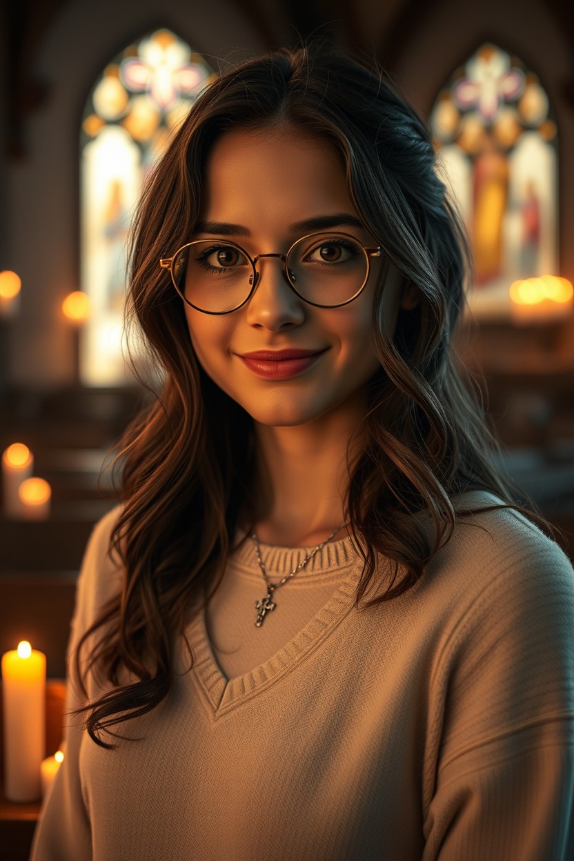 Cinematic portrait of an 18-year-old Brazilian girl named Noemi Benevides, inside a softly lit Catholic church during the evening