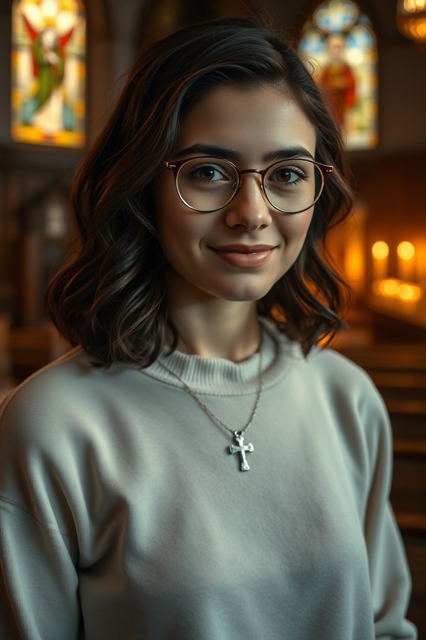 Cinematic portrait of an 18-year-old Brazilian girl named Noemi Benevides, inside a softly lit Catholic church during the evening
