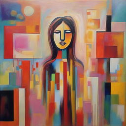 Abstract painting illustrating the journey of a girl from the past to the present, and envisioning her in the future