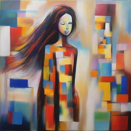 Abstract painting illustrating the journey of a girl from the past to the present, and envisioning her in the future