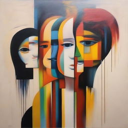 Abstract painting illustrating the evolution of a girl from her past to the present, and projecting into the future