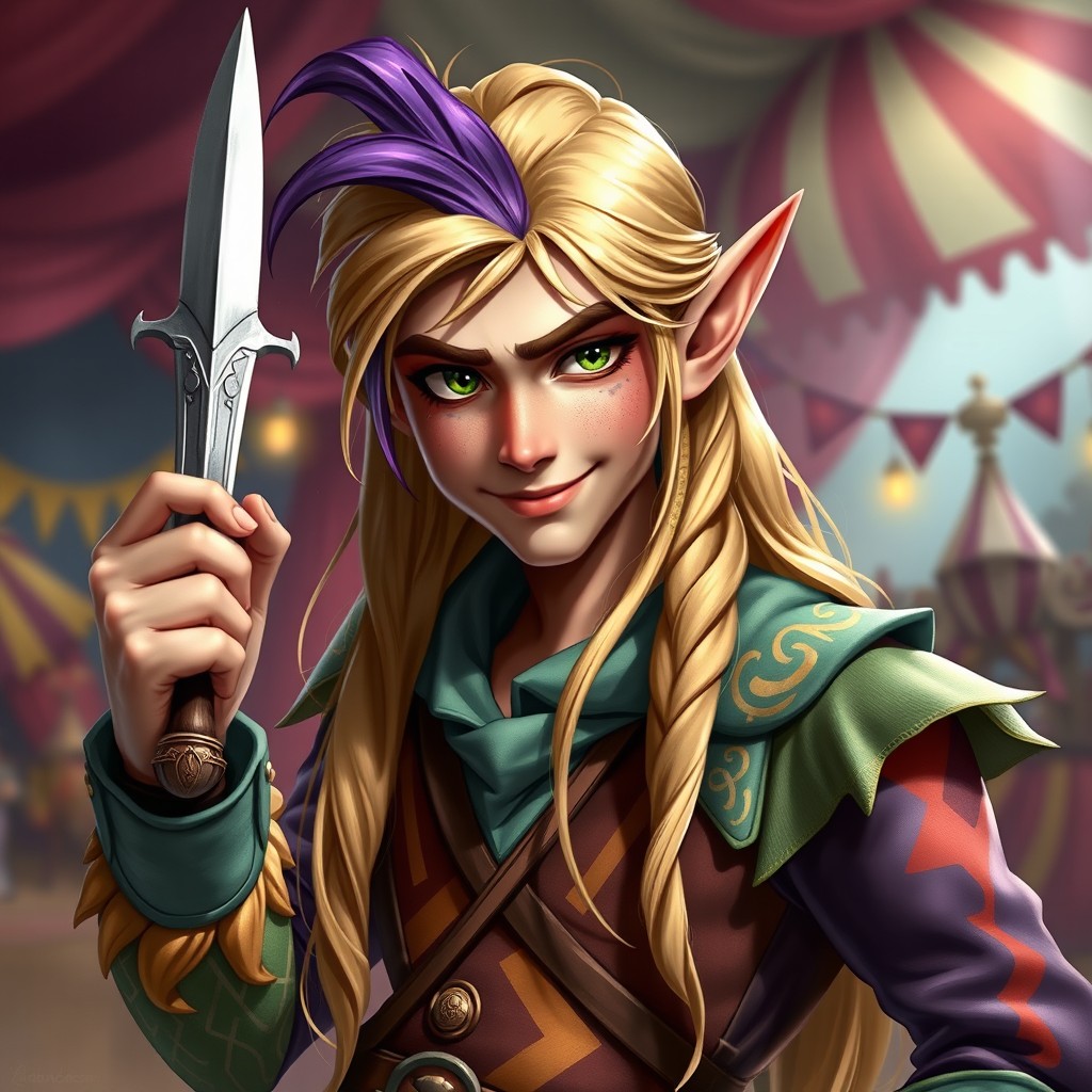 A young tall handsome wood elf from the Warhammer Fantasy universe, featuring long blond hair with a striking purple streak, and sharp green eyes