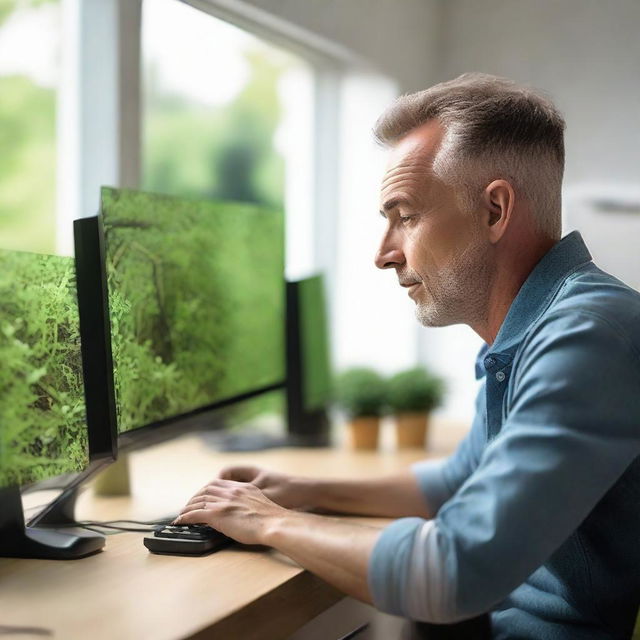 A focused man working remotely, skillfully operating a brush cutter from his home office. There are monitors displaying different woodland areas that need to be cut.