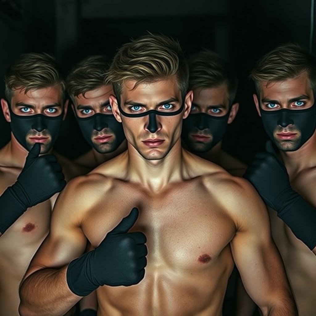 Un grupo de hombres jóvenes con ojos azules intensos, sin camiseta, mostrando físicos atléticos y tonificados