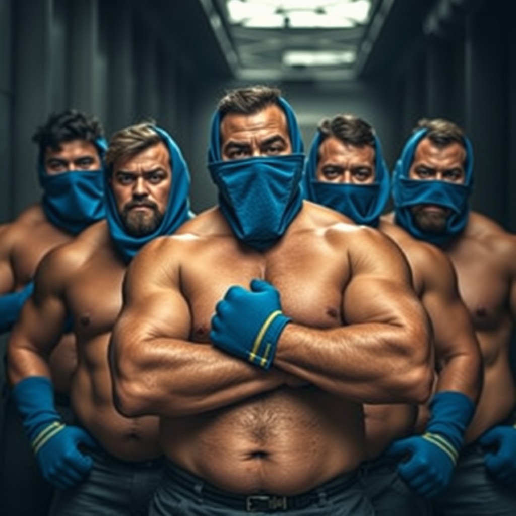 Un grupo de hombres de complexión robusta y corpulenta, todos sin camiseta, mostrando su fisico único