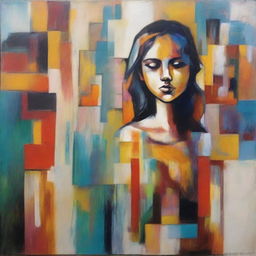 Abstract painting displaying the transformation of a girl from the past to the present, and a glimpse into her future