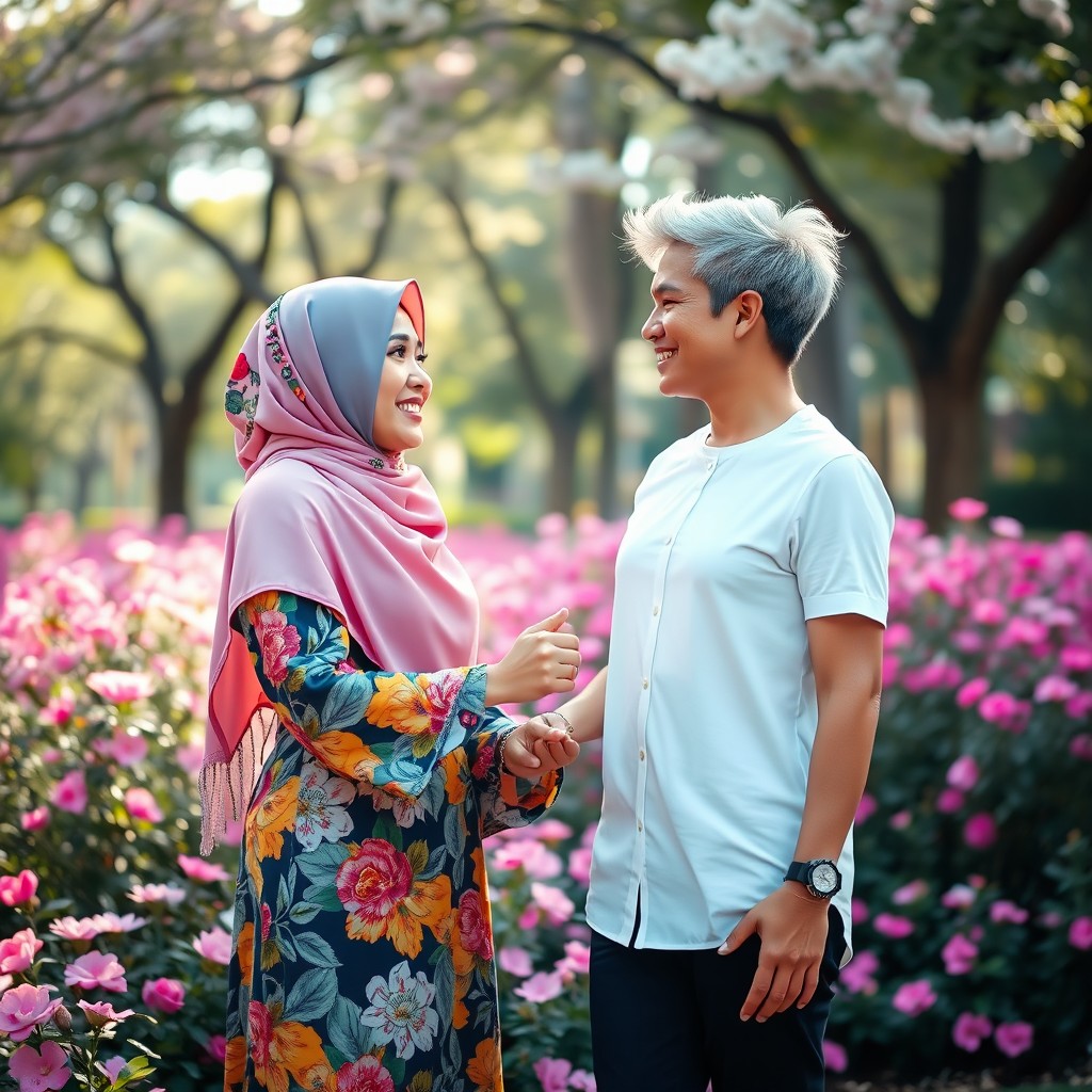 A beautiful couple of two women in love, one wearing a colorful hijab and the other with short, stylish hair