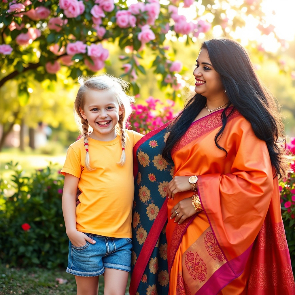 An engaging scene depicting a young white girl and an Indian woman standing side by side, both smiling and radiating joy