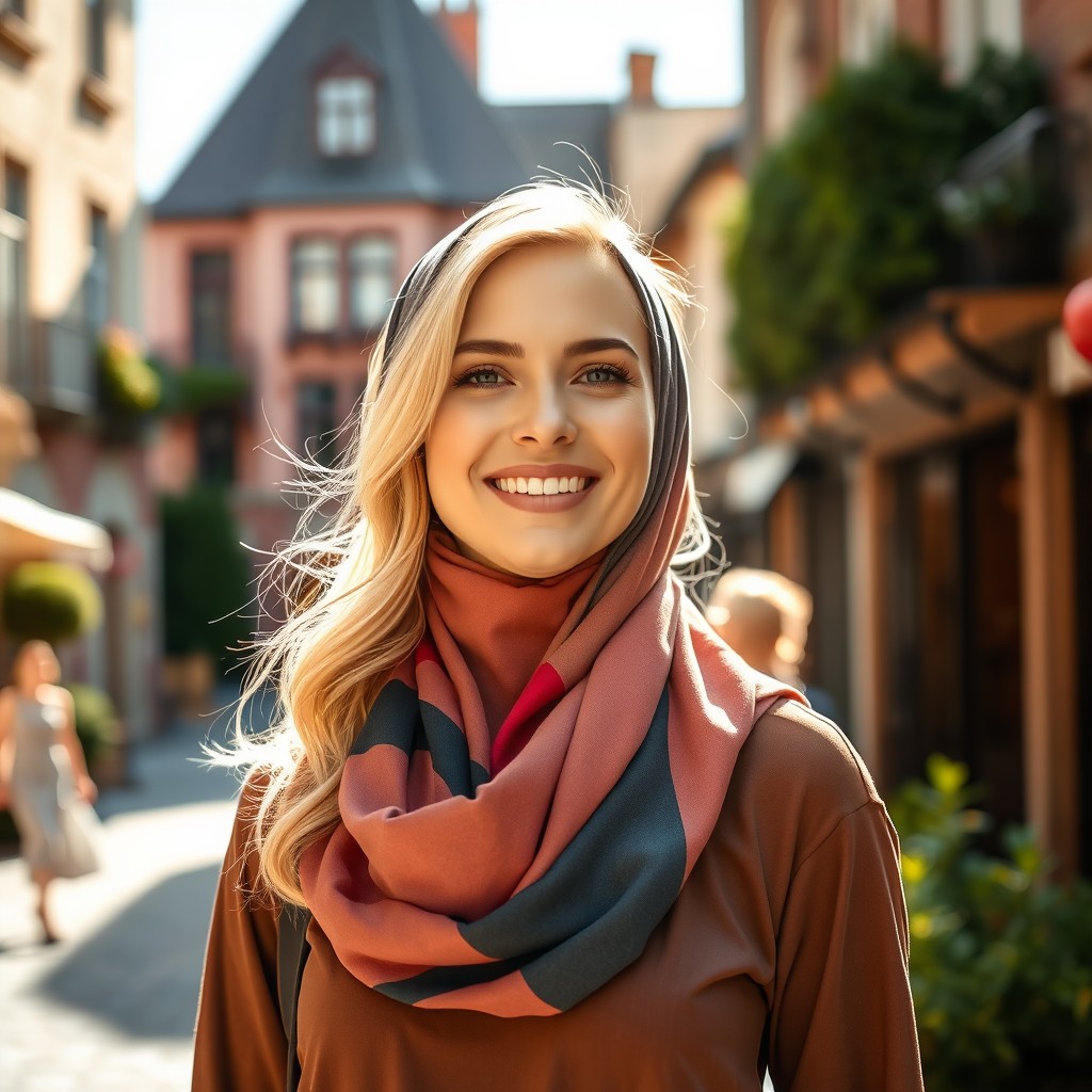 A stunning blonde woman wearing a fashionable hijab, confidently expressing her identity as a lesbian