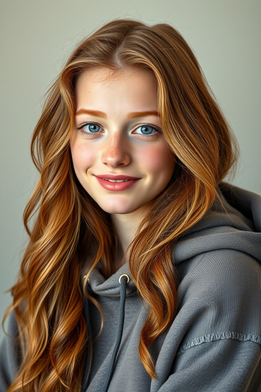 A young Czech model with natural long wavy ginger hair, adorned with freckles and light blue eyes, showcasing a slim, elegant figure