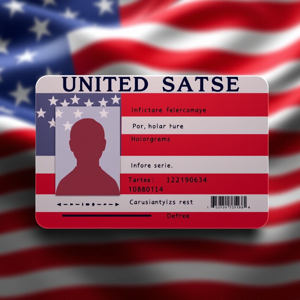 A realistic illustration of a United States ID card prominently featuring the American flag background, with a clear photo space indicating where a person's picture would go, and areas for personal information written in bold, easy-to-read text