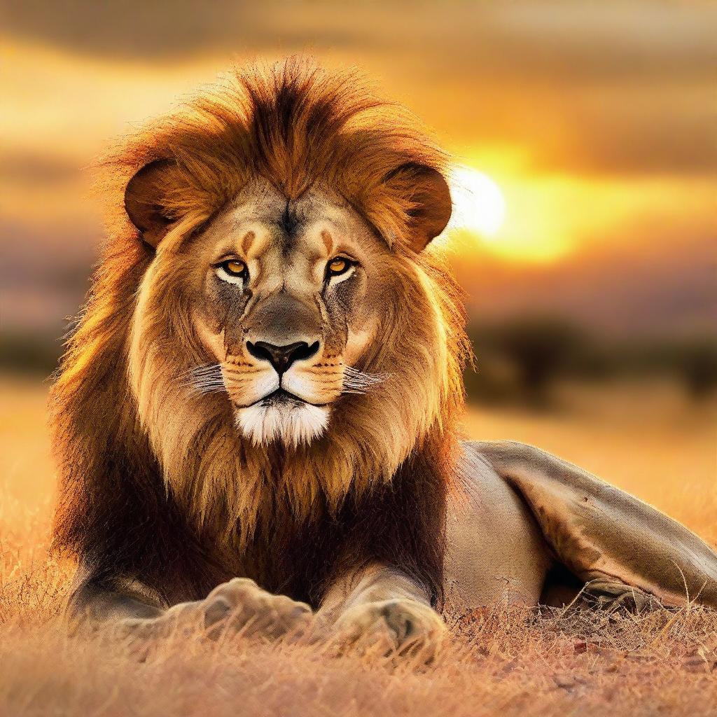 A majestic lion, known as 'Singa' in some cultures, basking in the golden glow of an African sunset.