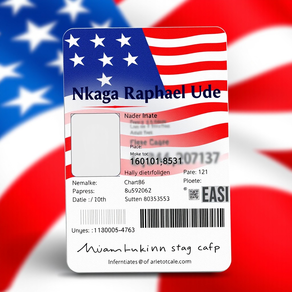 A realistic illustration of a United States ID card prominently featuring the name 'Nkaa Raphael Ude'