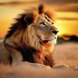 A majestic lion, known as 'Singa' in some cultures, basking in the golden glow of an African sunset.