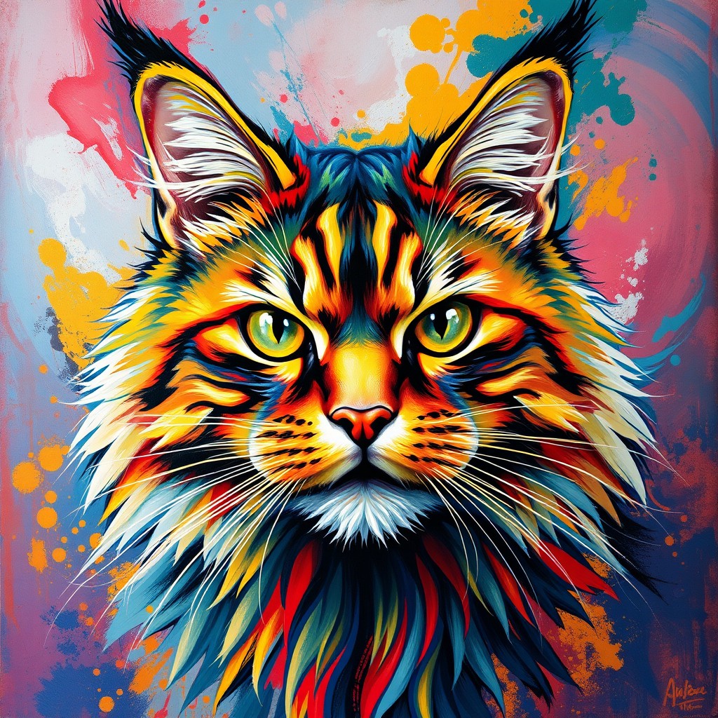 A vibrant and colorful abstract painting of a Maine Coon cat depicted with a distinctively mean and masculine face