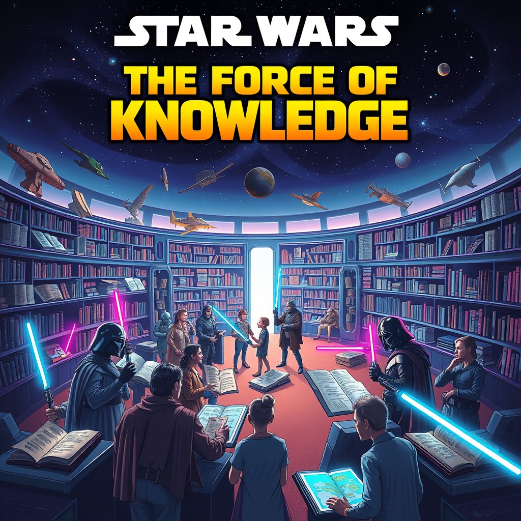 A dynamic Star Wars-style poster depicting a vast intergalactic library filled with books and ancient scrolls floating in space