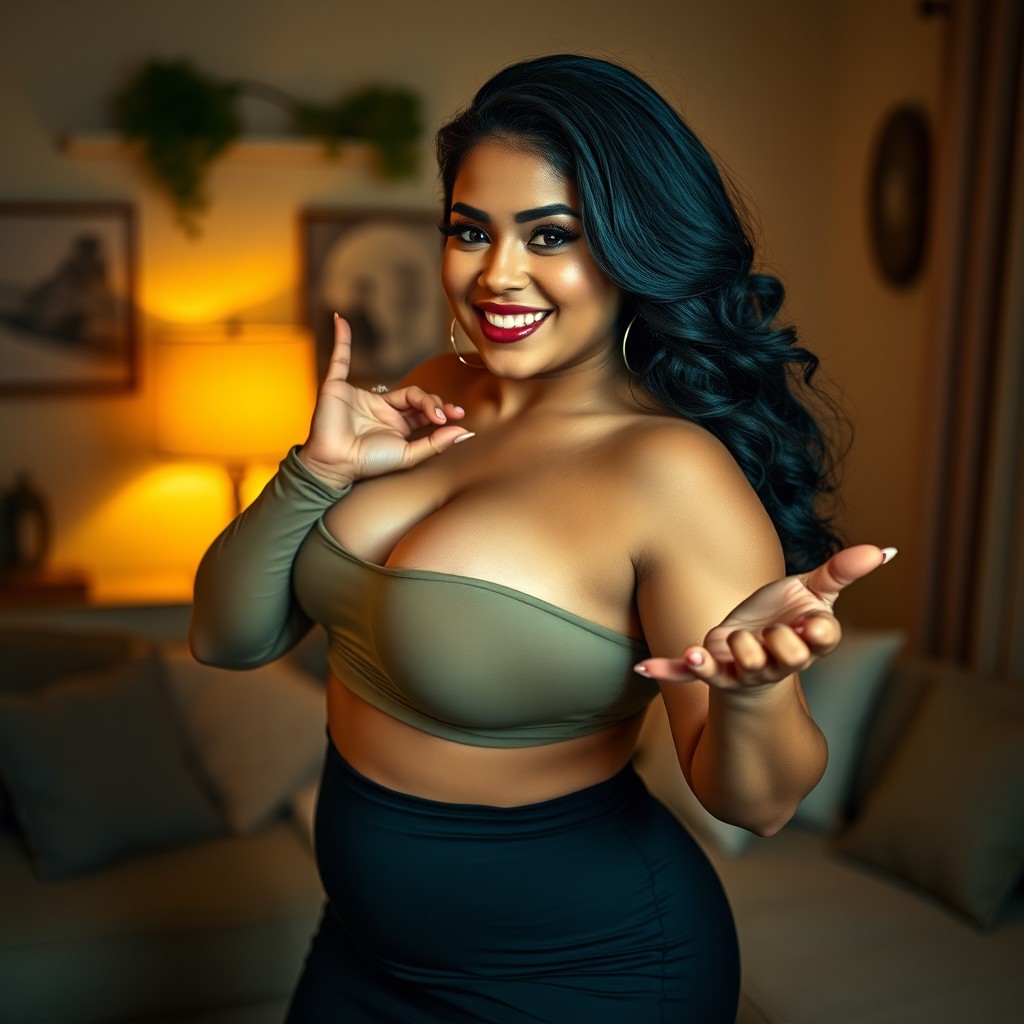 A stunning, curvy Latina woman in an inviting pose, showcasing her voluptuous figure and accentuated curves