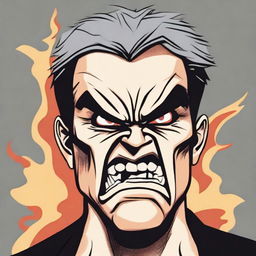 Illustration of a person showing a facial expression of anger, their brows furrowed and mouth tightly shut. Their eyes show a burning rage.