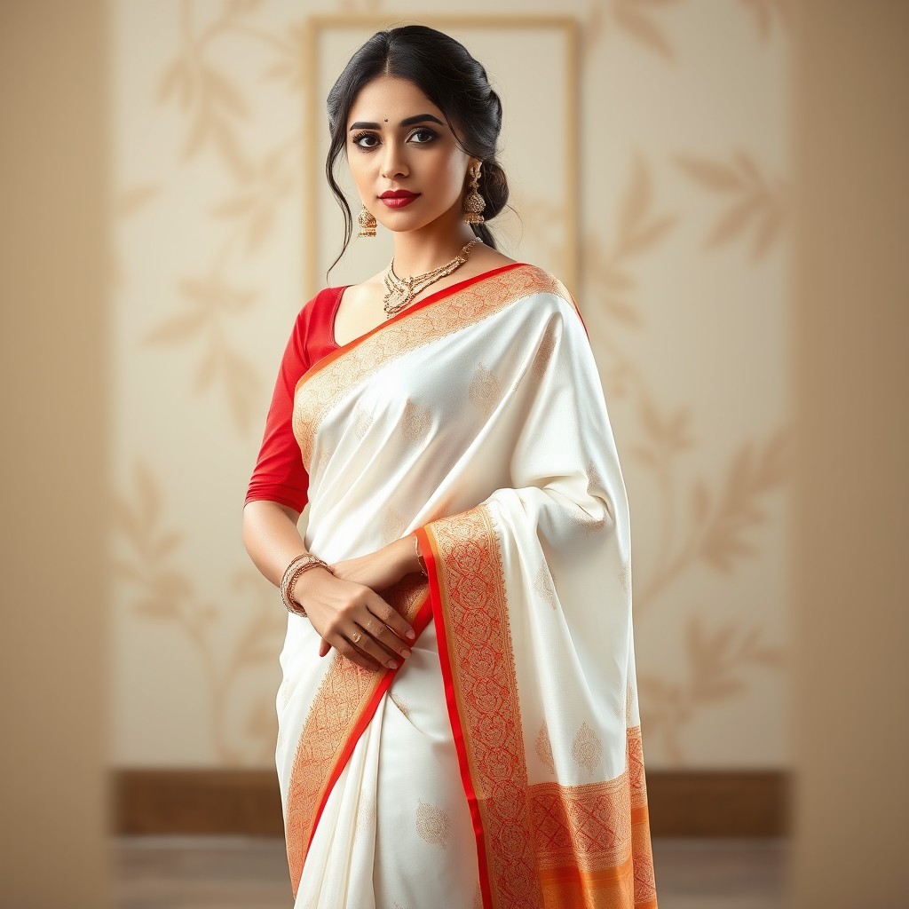 A stunning portrayal of an elegant woman wearing a beautiful white saree paired with a vibrant red blouse