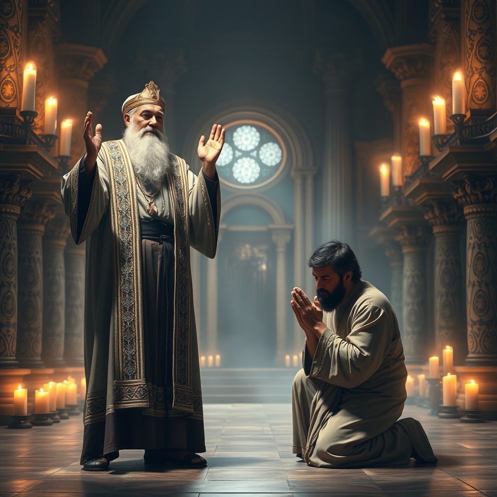 A storytelling scene depicting a Pharisee and a tax collector in a temple, showing the contrast between their postures and expressions