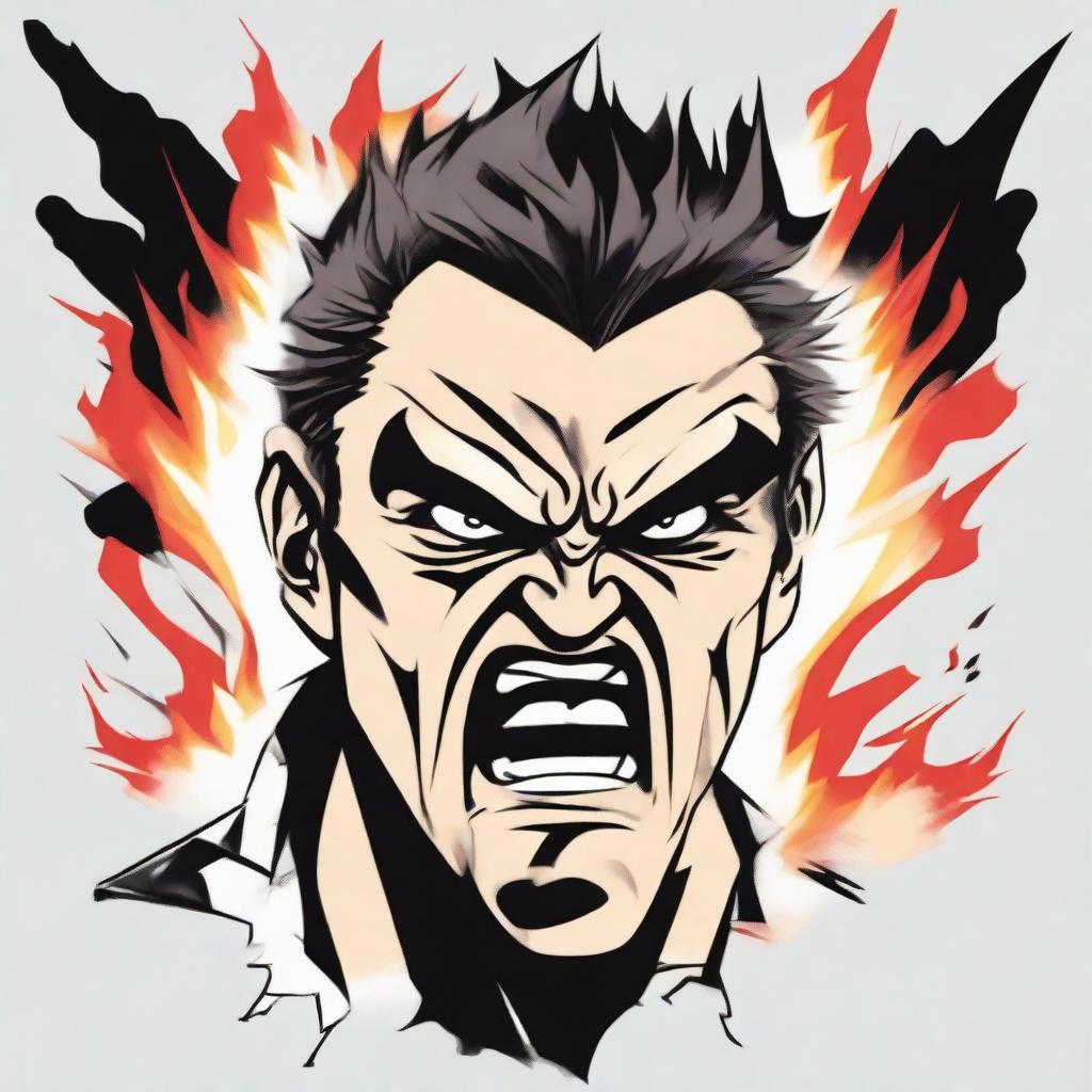 Illustration of a person showing a facial expression of anger, their brows furrowed and mouth tightly shut. Their eyes show a burning rage.