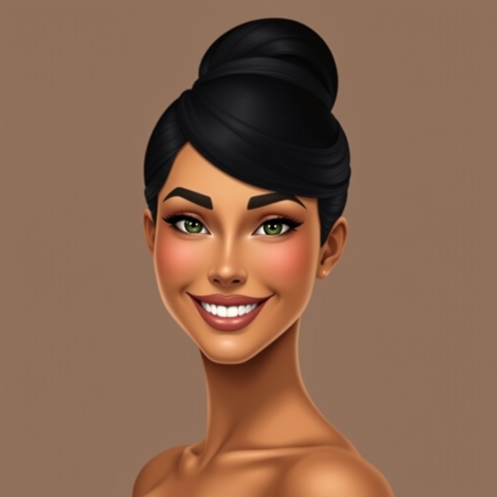 A portrait of a woman with a soft, oval-shaped face showcasing a well-defined jawline and a warm, symmetric smile that reveals her teeth