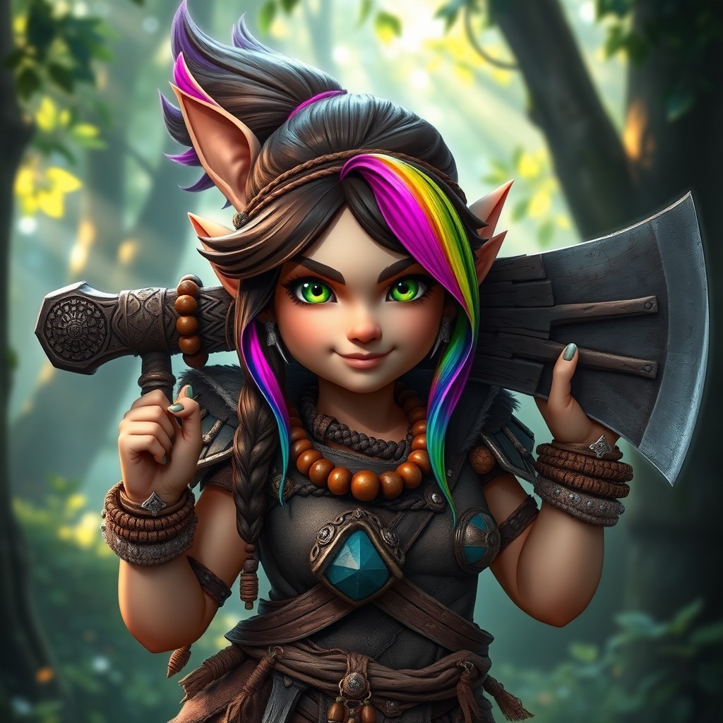 A female gnome barbarian with striking brown hair featuring vibrant rainbow highlights