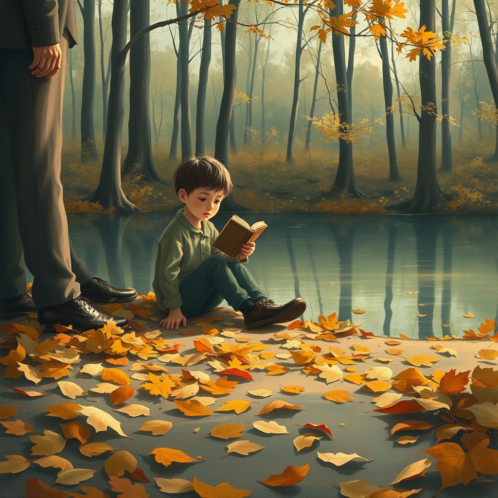 A literary novel cover depicting a boy sitting next to a calm water pool in an autumn forest, with his father beside him holding a worn-out book and a small cassette player
