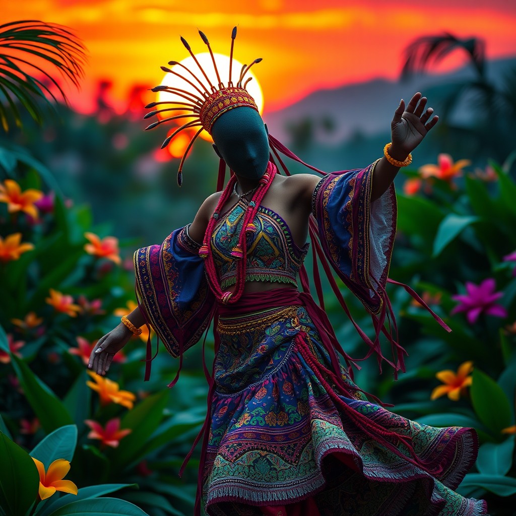 A captivating image of a faceless character adorned in an elegant, flowing outfit, embodying the essence of a dancer performing the traditional Brazilian 'chachá' dance