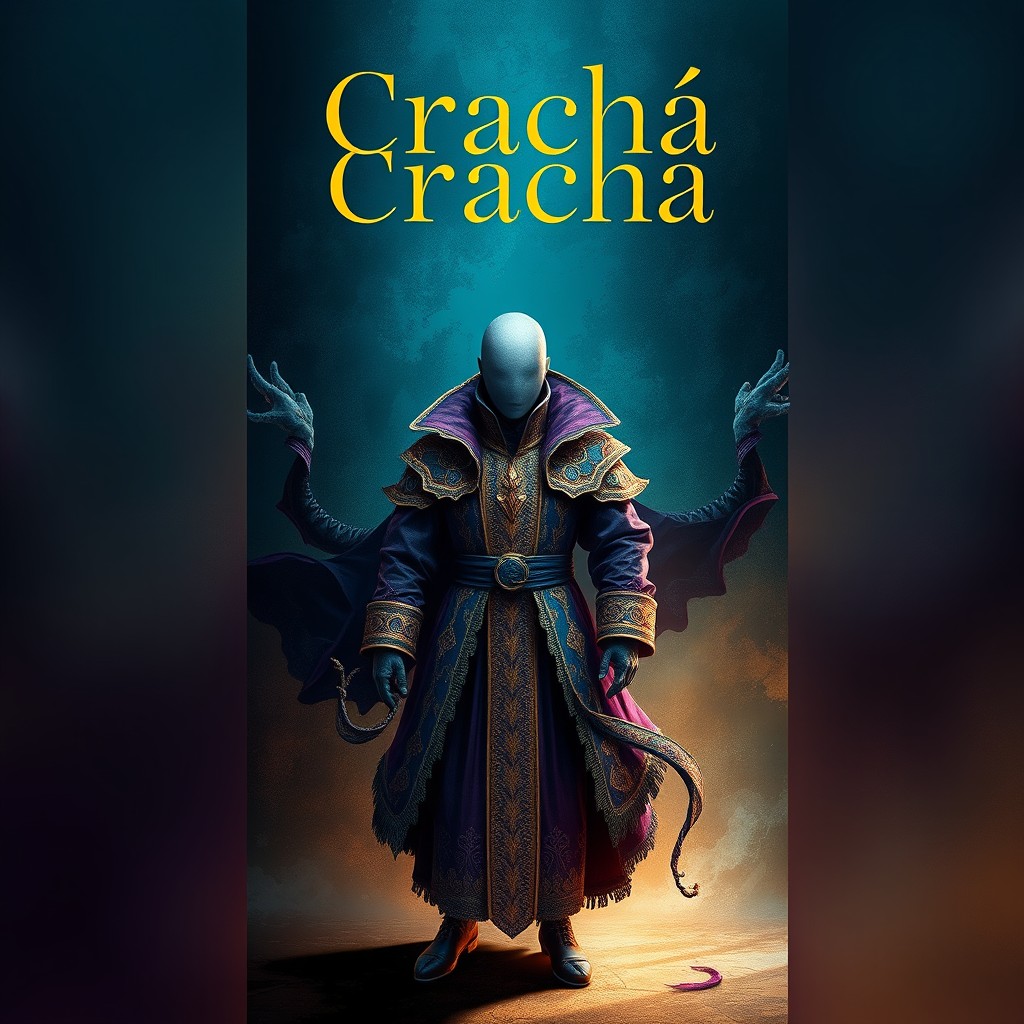 A captivating book cover design featuring a faceless character wearing an elaborate, colorful outfit typical of the 'crachá' style