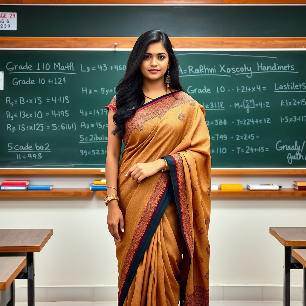 A beautiful woman teacher, aged 29, stands tall at 6 feet in front of a classroom blackboard
