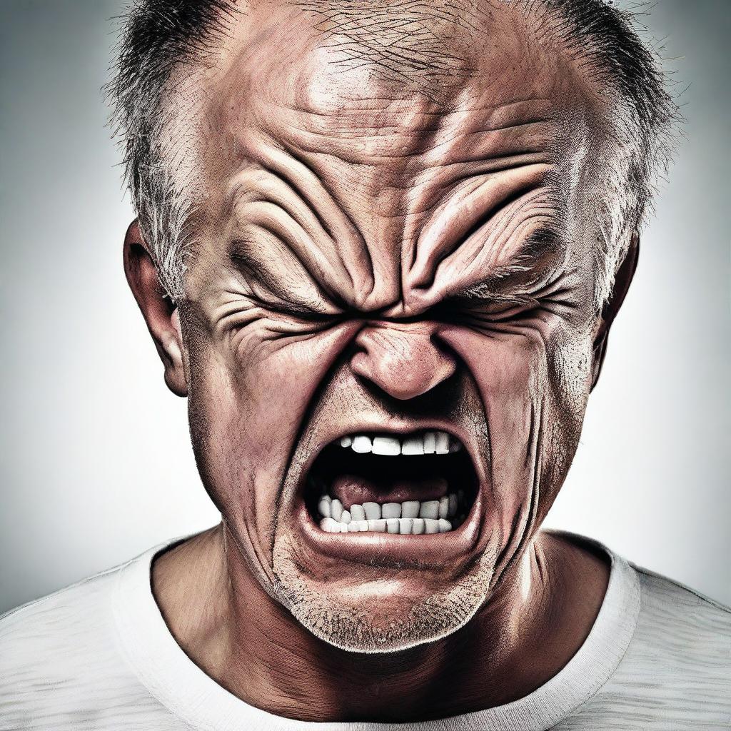 A detailed portrait of a person visibly displaying anger with their facial expression and body language.