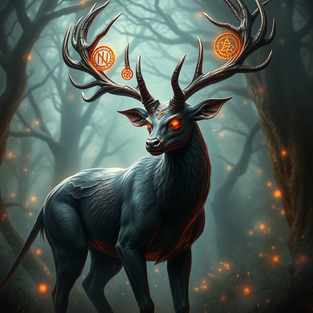 A majestic deer demon with intricate and enchanting features, showcasing large, beautifully twisted antlers adorned with mystical symbols