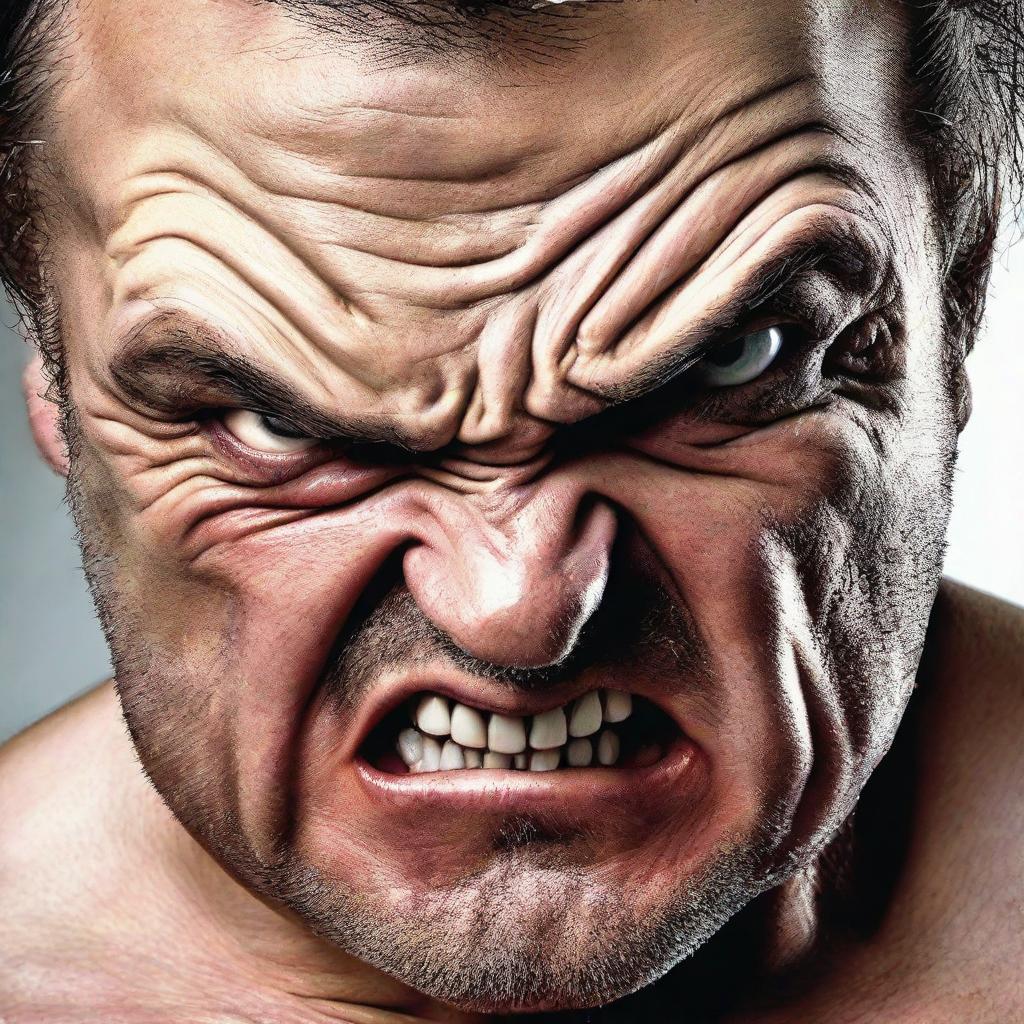 A detailed portrait of a person visibly displaying anger with their facial expression and body language.