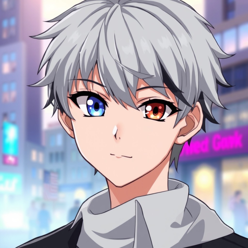 A handsome anime boy with striking features, possessing silver hair with contrasting black highlights