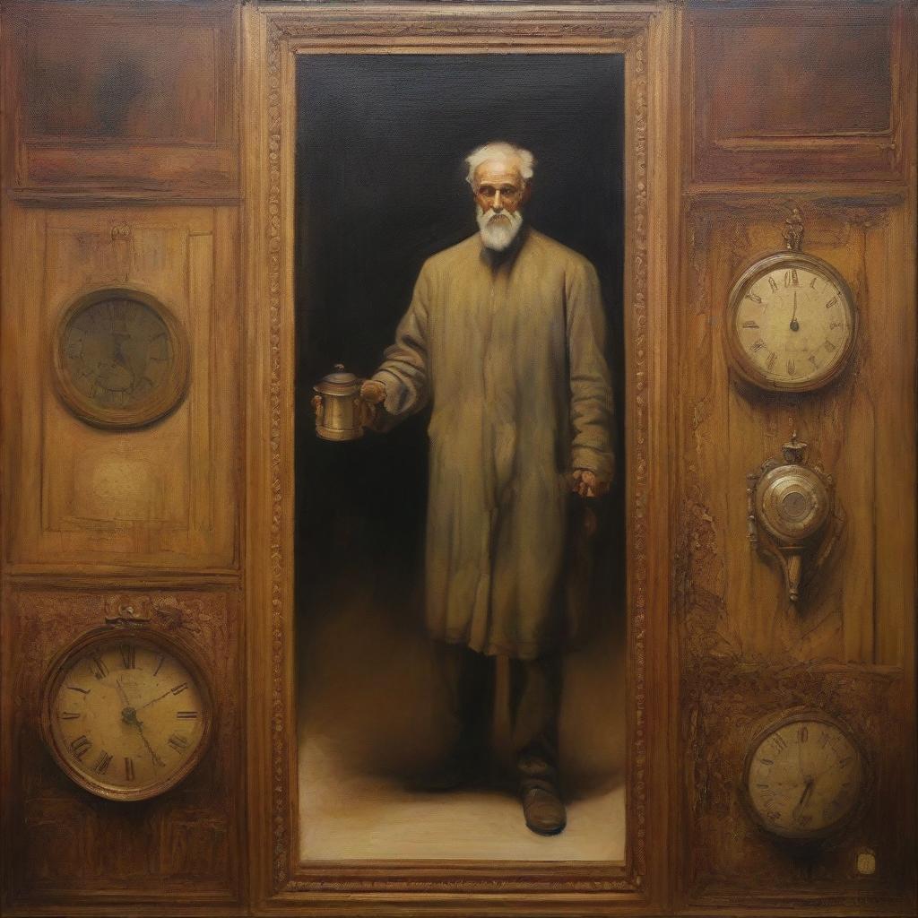 Oil painting portraying the transition of an individual through time, encompassing the past, present, and future