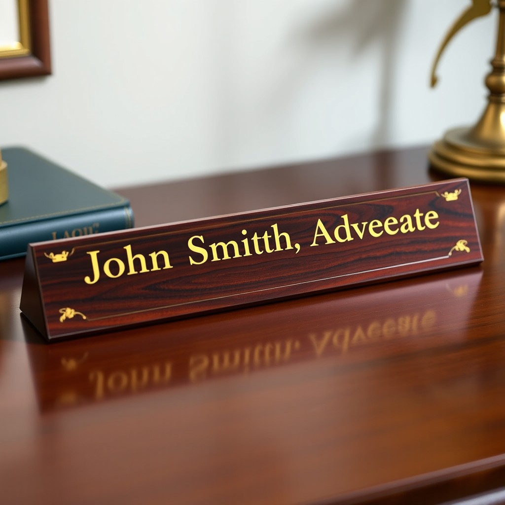 A polished and elegant nameplate for an advocate's chamber, featuring the name 'John Smith, Advocate' embellished with a professional font