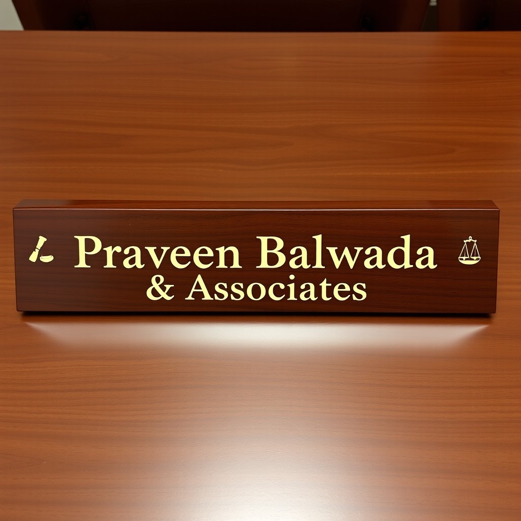 A sophisticated nameplate for 'Praveen Balwada & Associates', designed for a legal office environment