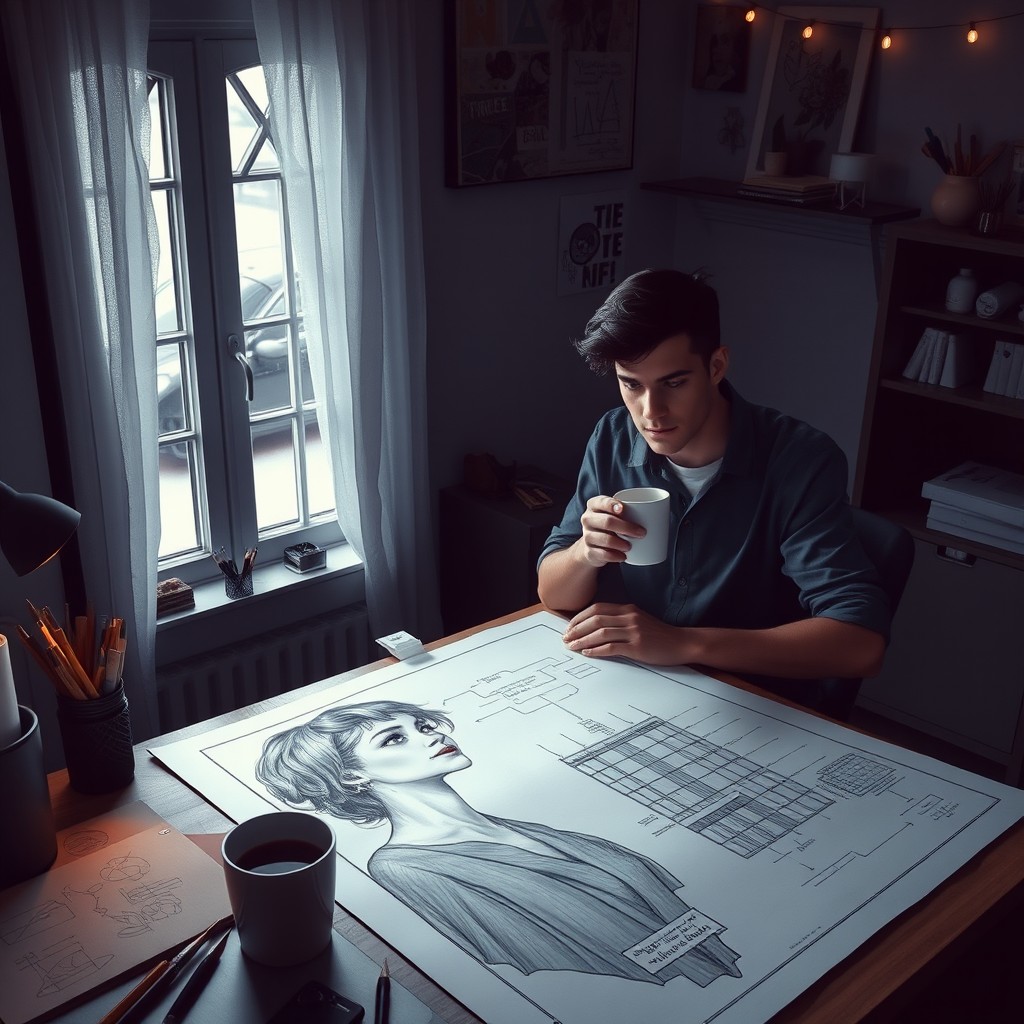 In a dimly lit room designed to resemble the ambiance of midnight, a young man named Aris is seated at a desk, focused on creating a blueprint for a new life with the beautiful and aesthetic girl, Elena