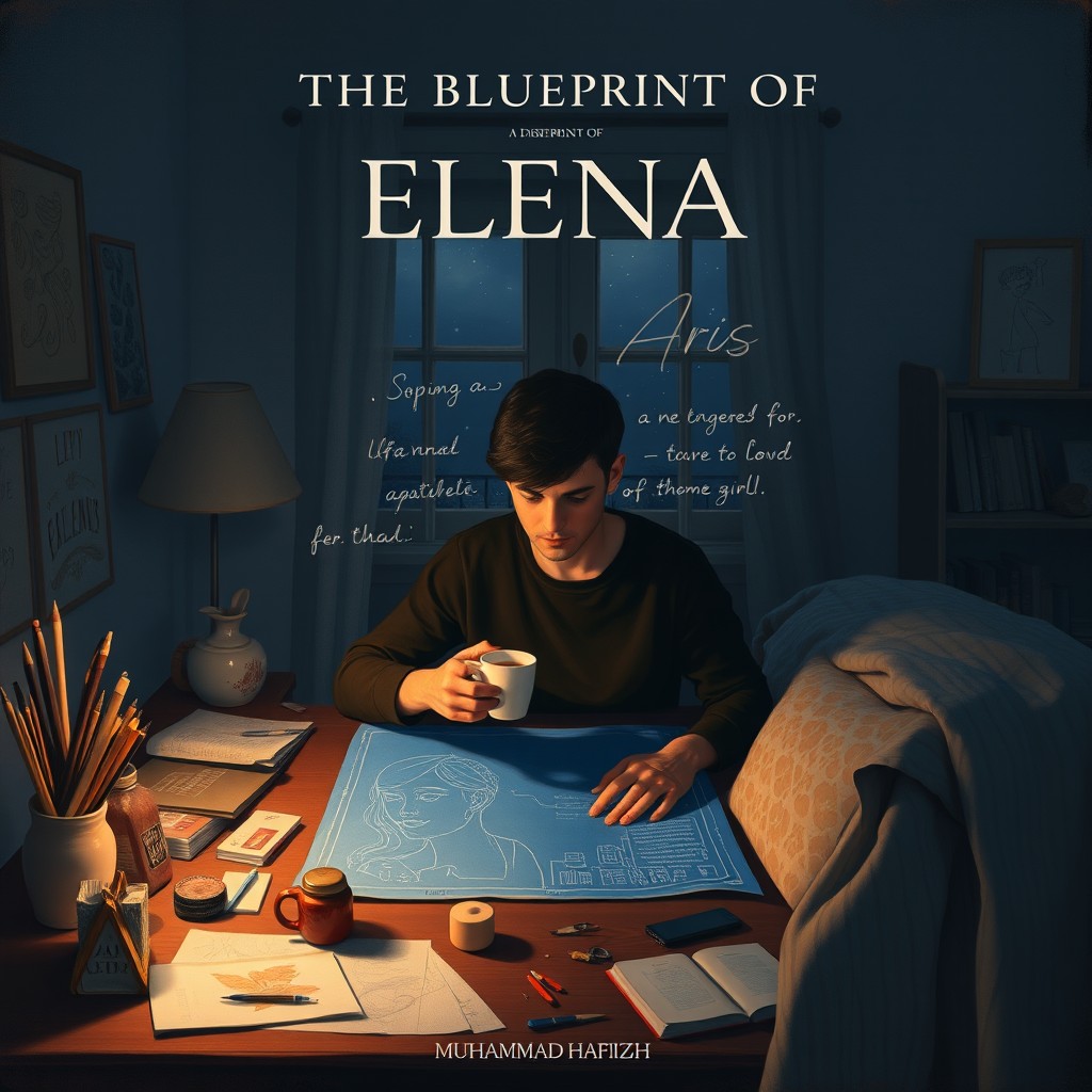 In a dimly lit room resembling the ambiance of midnight, a young man named Aris sits at a desk, immersed in creating a beautiful blueprint for a life with the stunning and aesthetic girl, Elena