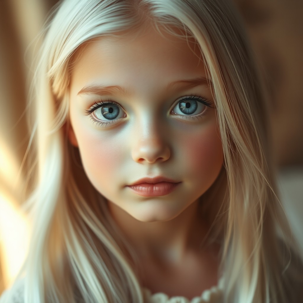A girl with platinum blonde hair cascading down her shoulders, and striking grey eyes that shimmer with kindness