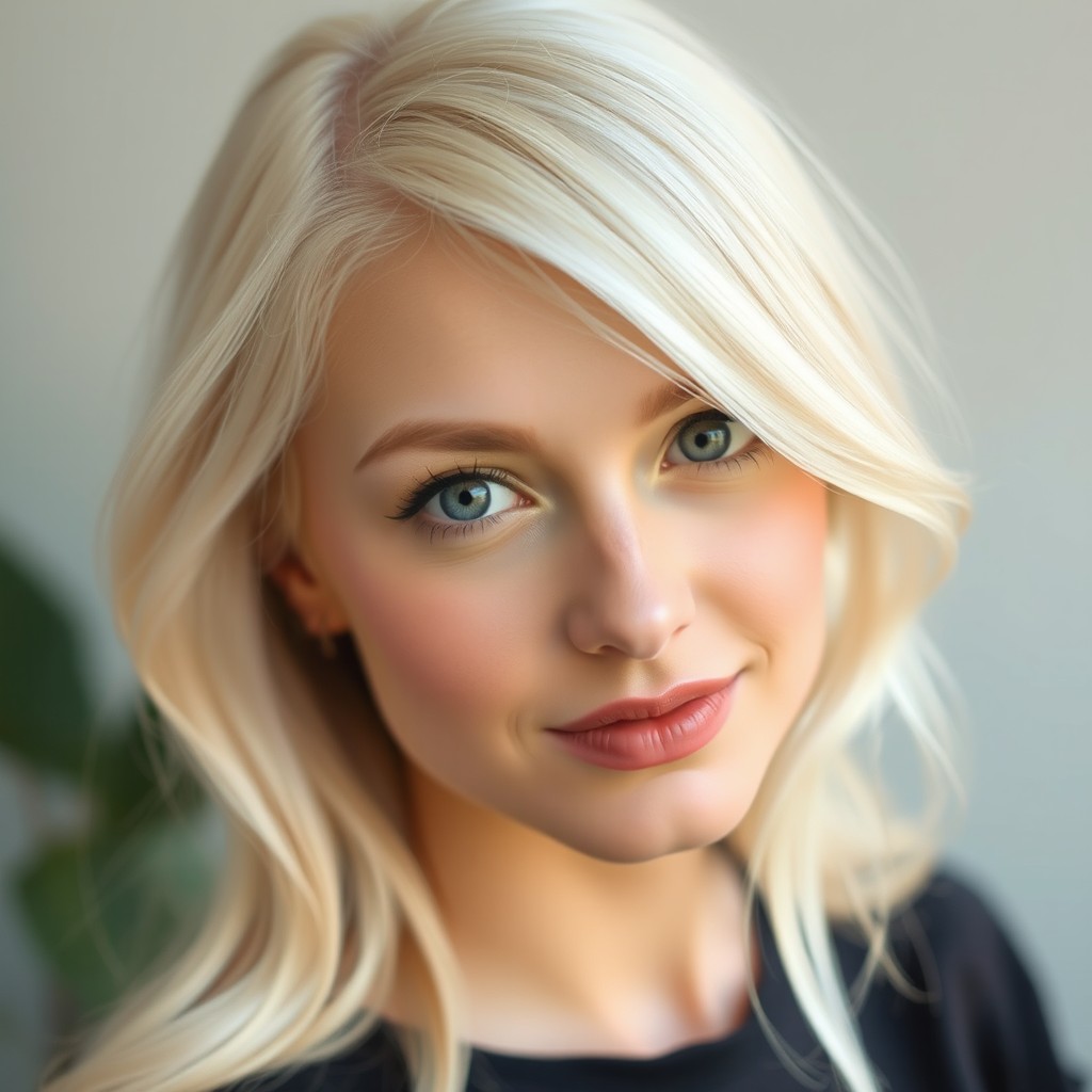 A 26-year-old woman with luxurious platinum blonde hair that flows elegantly around her shoulders, and captivating gray eyes that seem to express warmth and gentleness
