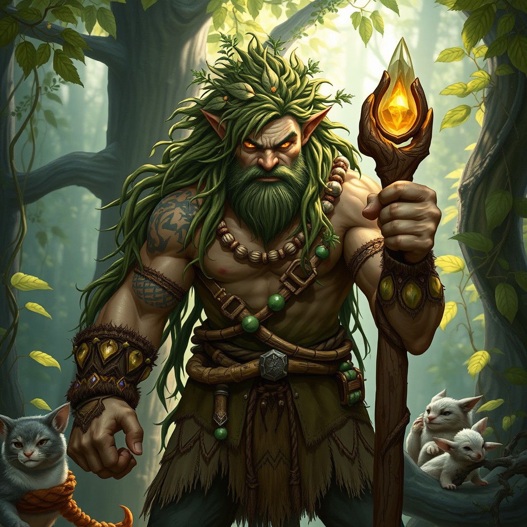 A fierce half-orc druid standing in a mystical forest, adorned in earthy, nature-themed attire